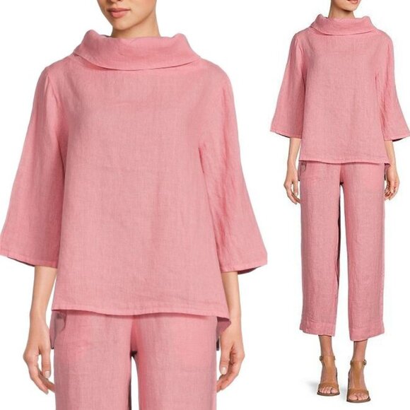 Bryn Walker Etta Shirt Top XXS Oversized Pink LINEN Cowl Neck Elbow Sleeve NEW - Picture 1 of 8